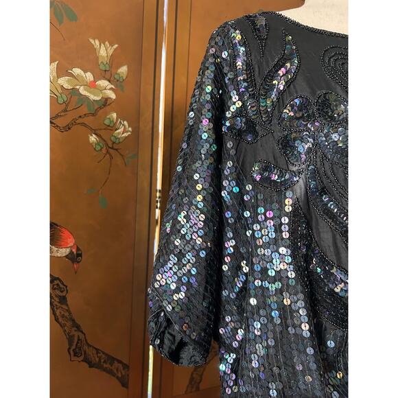 Vintage silk top with beads and sequins in black, size L - Picture 4 of 8